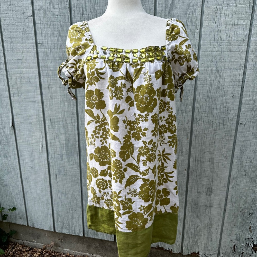 Alexandra Bartlett Womens Dress XL Green Floral Print Jeweled Neckline Linen